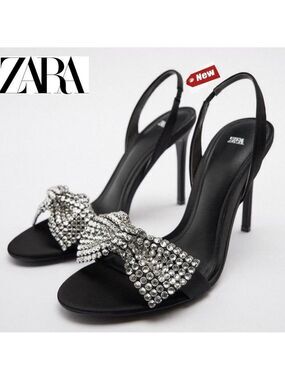 Zara Black strappy Crystal rhinestone embellished bow high heel sandals 36 NWT